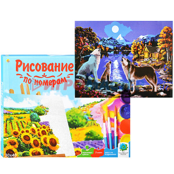 Рисование, роспись, витражи Холст с красками 30х40 по номерам. Волки у ночного озера (20цв.) 