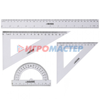 Линейки, треугольники, транспортиры Набор геометрический средний, 4 предмета (линейка 30 см, 2 угольника, транспортир) прозрач