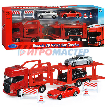 Коллекционные модели Набор 1:64, Грузовик Scania V8 R730 с тремя легковыми машинками