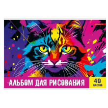 Альбом для рисования А4, 40 листов на скобе "Яркий кот", обложка мелованный картон, SoftTouch, блок 100 г/м2