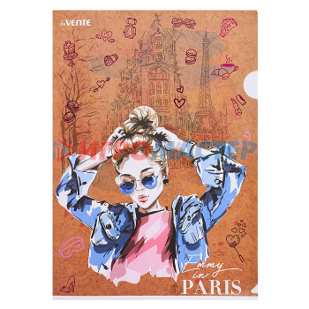 Папки-уголки пластиковые Папка-уголок &quot;Emmy in Paris&quot; A4 (220x310 мм) 180 мкм, фактура крафт-имитация с рисунком, ин